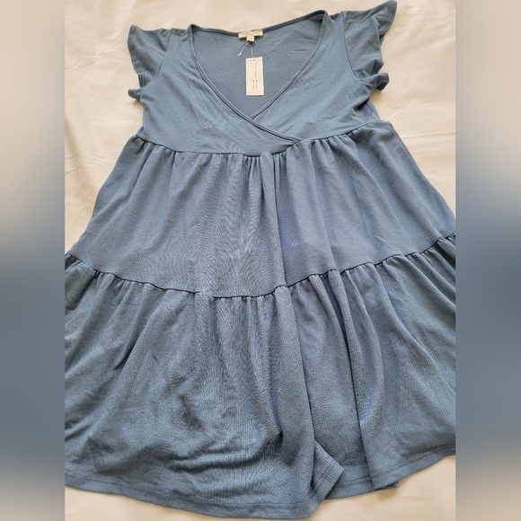 SEE YOU MONDAY Women's Large low vneck cap sleeve tiered babydoll mini dress - Picture 5 of 7